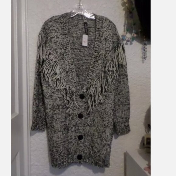 Design Lab Black & White Fringe Oversized Cardigan Sz L NWT - Picture 1 of 3
